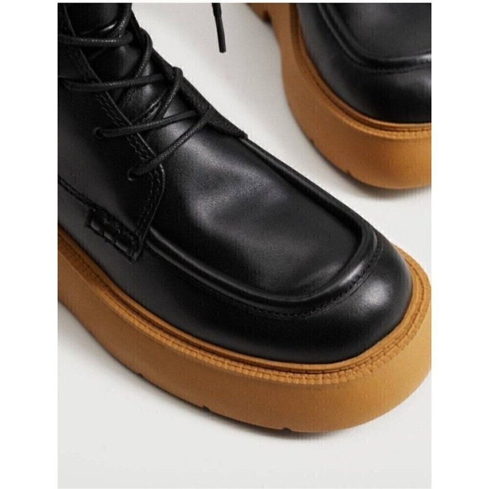 Mango Charles Boots MNG Size 9.5 US EUR 41 Lace-up Leather Black Tall Chunky - Picture 7 of 10